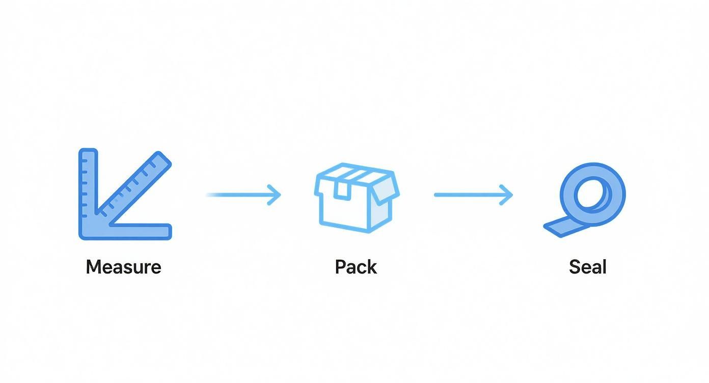 Illustrative diagram depicting parcel preparation steps: Measure with a ruler, Pack in a box, and Seal with tape.