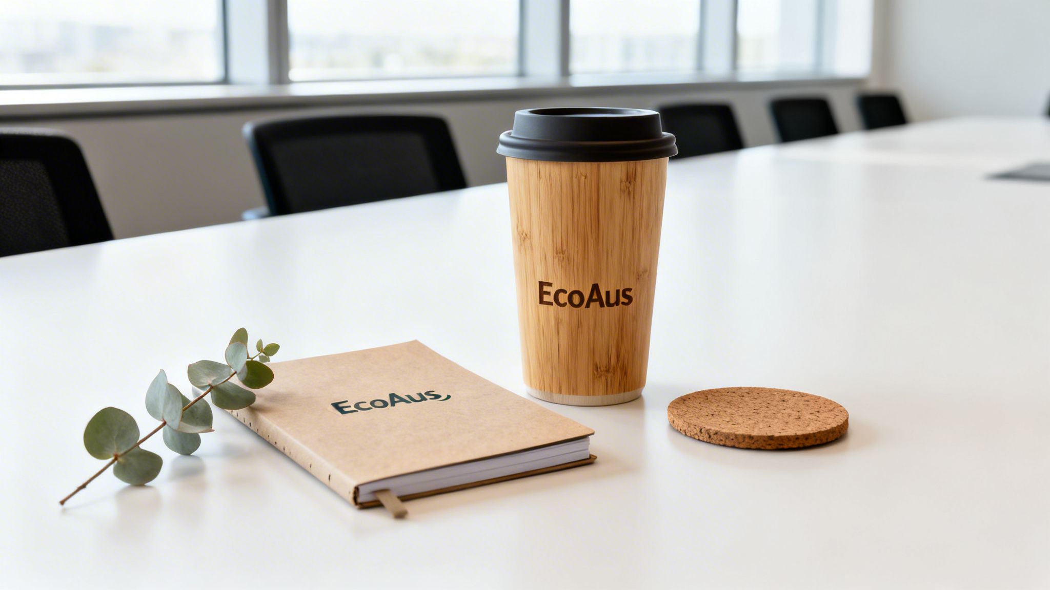 An EcoAus bamboo travel mug, notebook, eucalyptus branch, and cork coaster on a white office table.