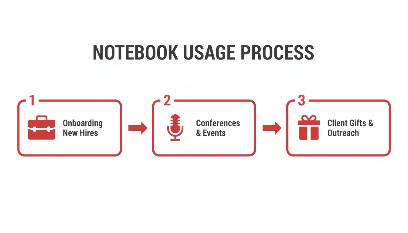 A visual diagram showing the three-step notebook usage process for onboarding, conferences, and client outreach.