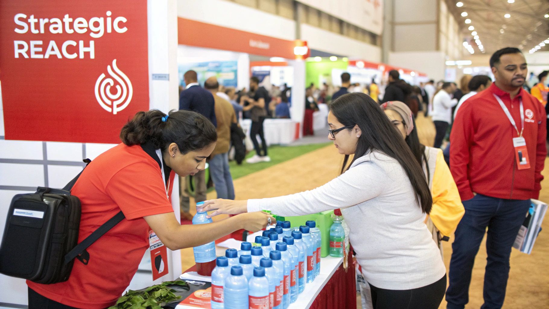 A person receiving a branded water bottle at a corporate event