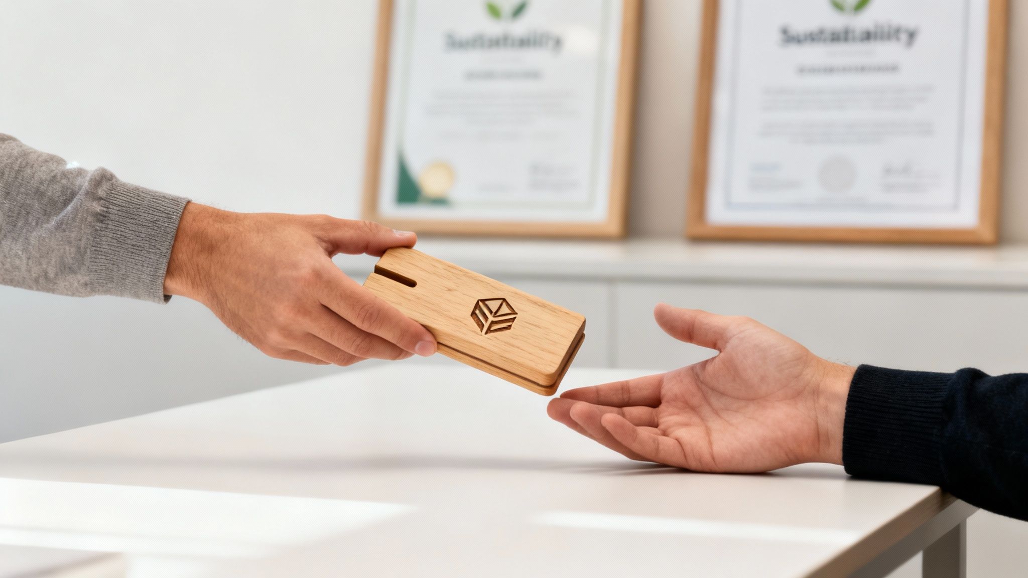 A hand presents a wooden promotional product with a logo to another hand, promoting sustainability.