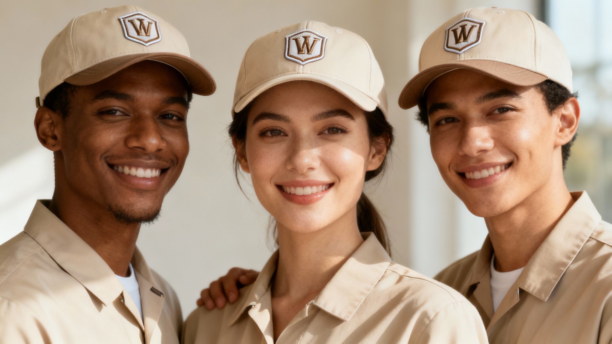 Three smiling diverse employees wearing beige embroidered caps with W logo and matching uniforms