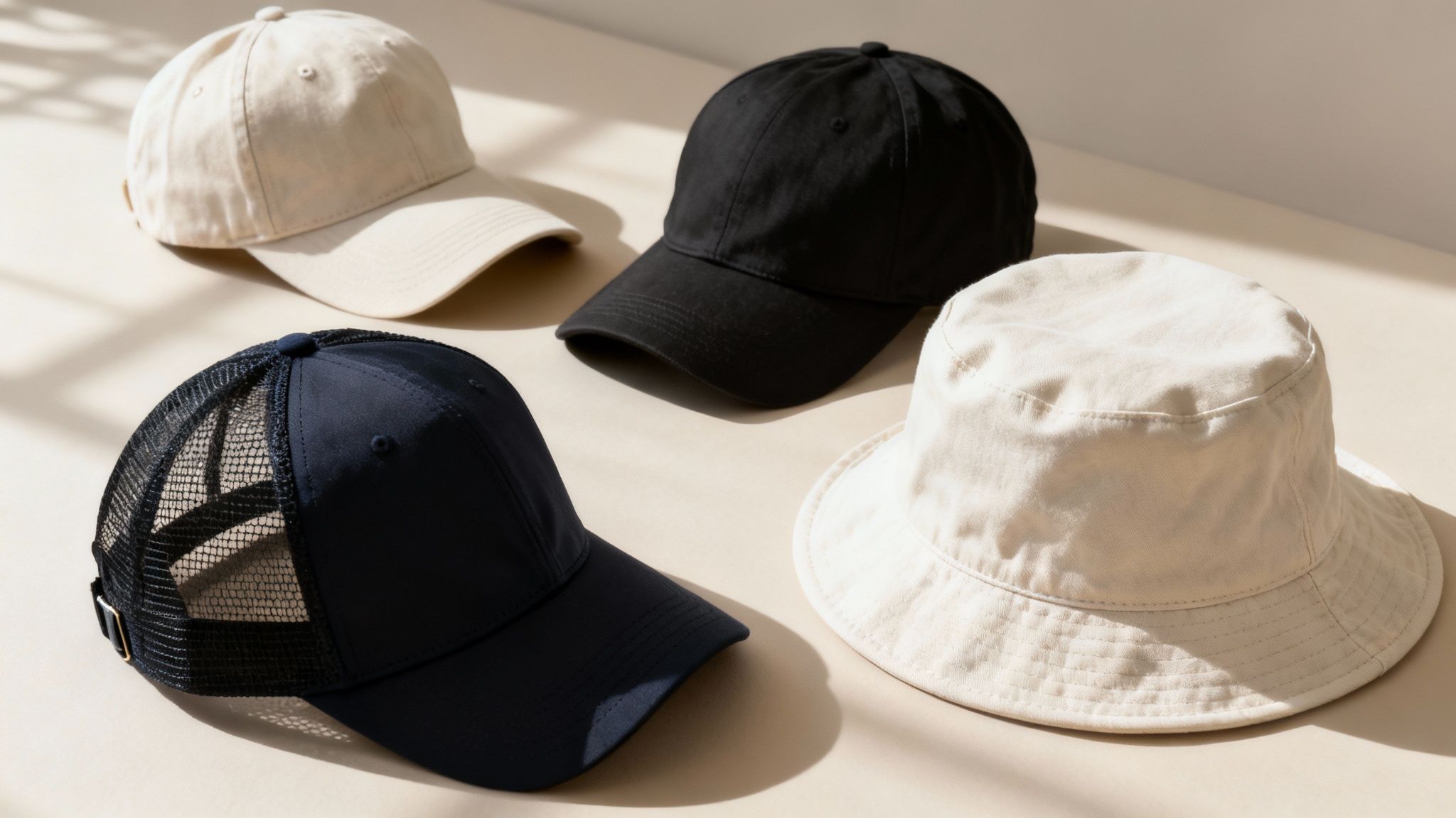 Four stylish headwear items, including baseball caps, a trucker cap, and a bucket hat, in black, navy, and beige colors.