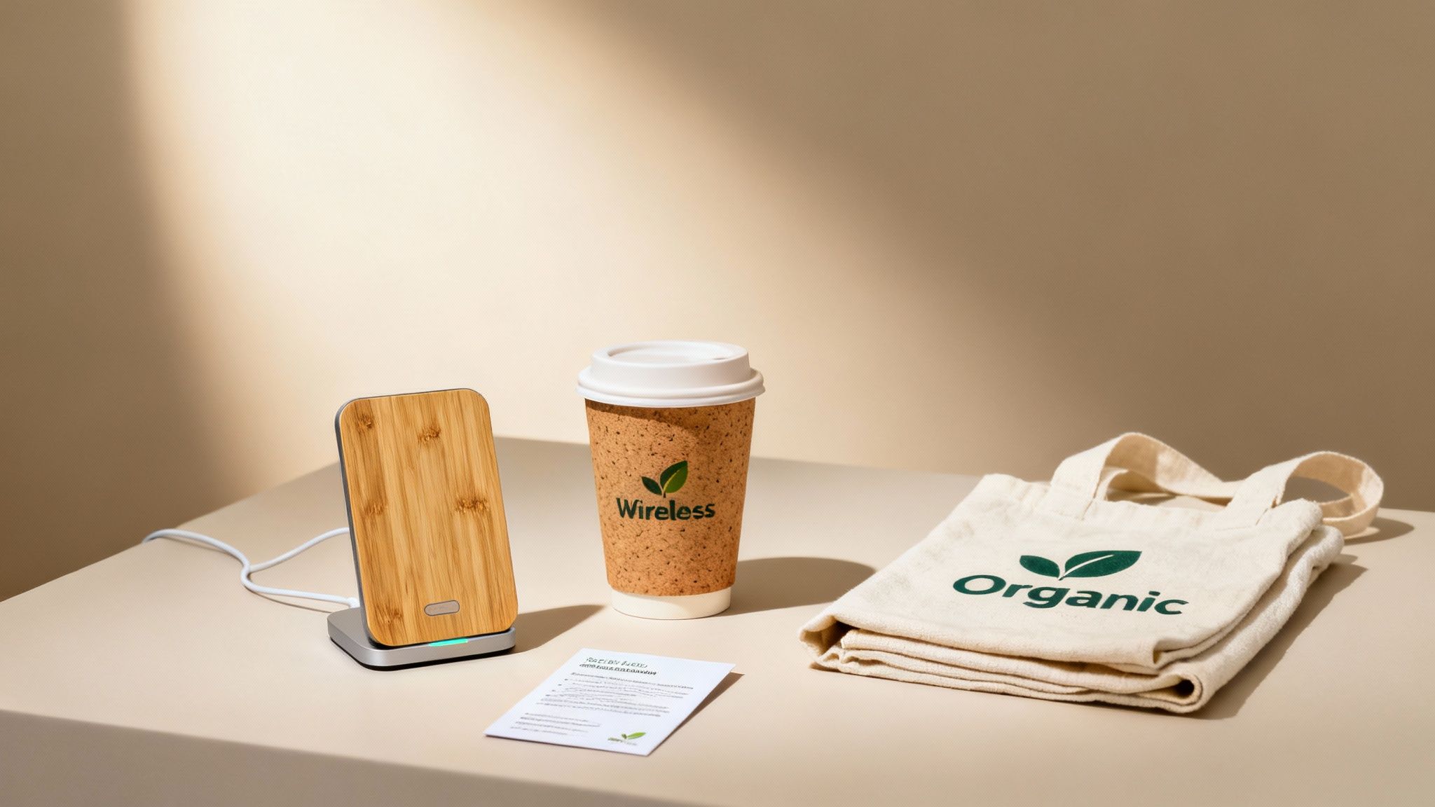 Organic cotton tote bags and bamboo coffee cups with brand logos