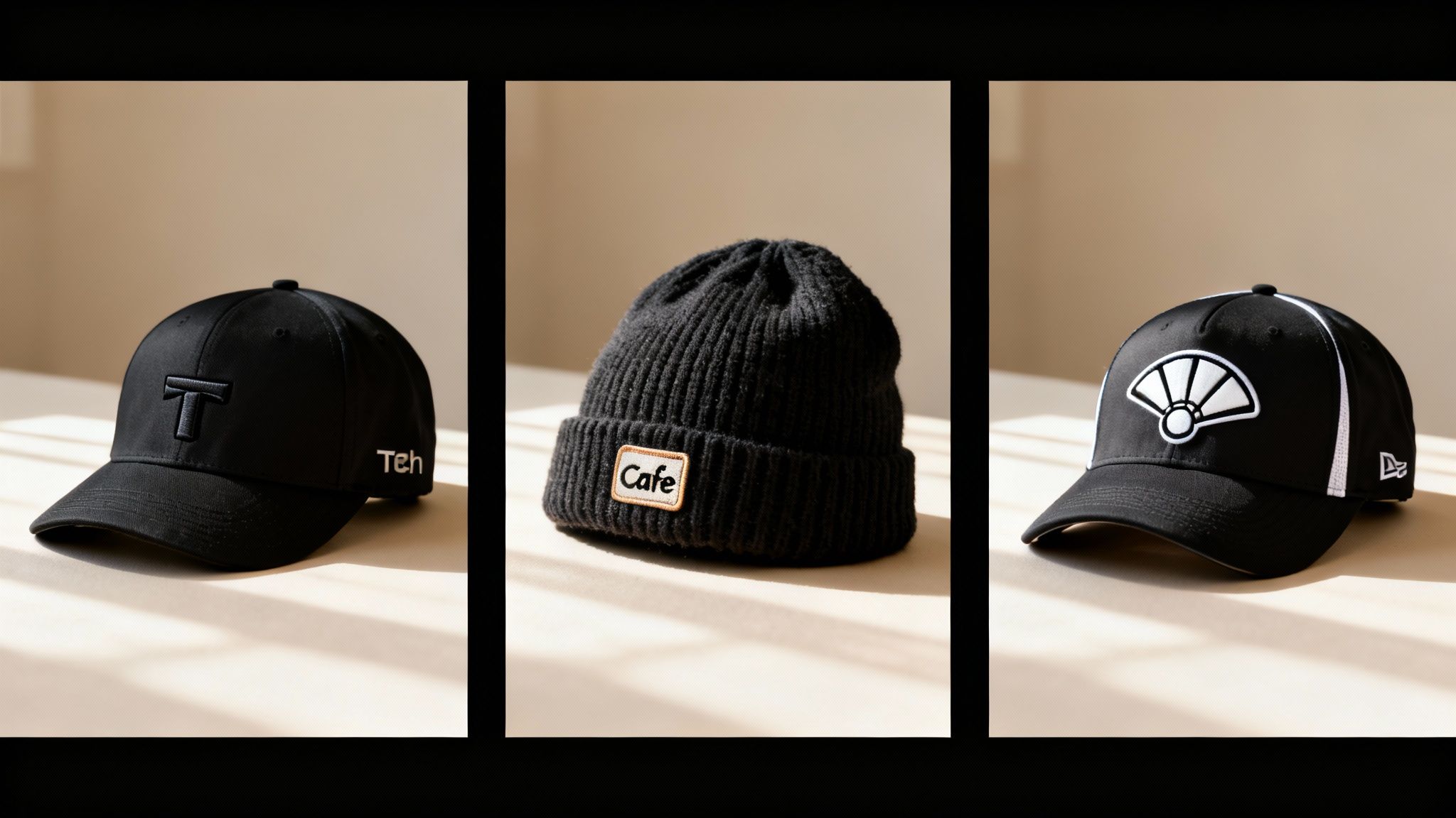 Three people wearing different styles of caps embroidered with brand logos.