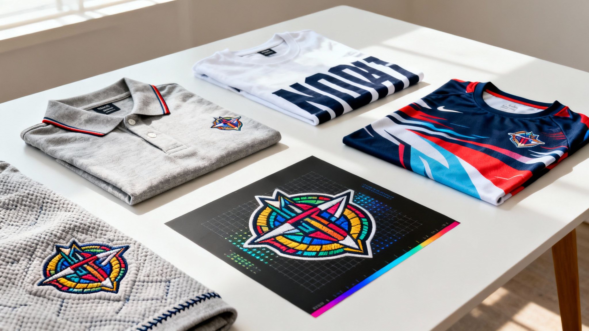 A collection of branded apparel including polo shirts, athletic wear, and a colorful logo graphic.