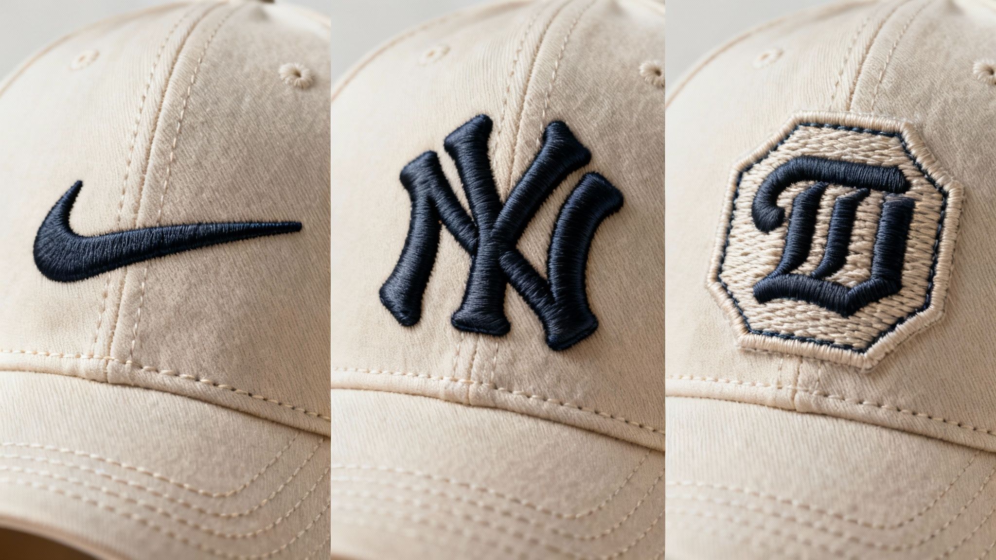 A close-up of a high-quality embroidered logo on a black cap
