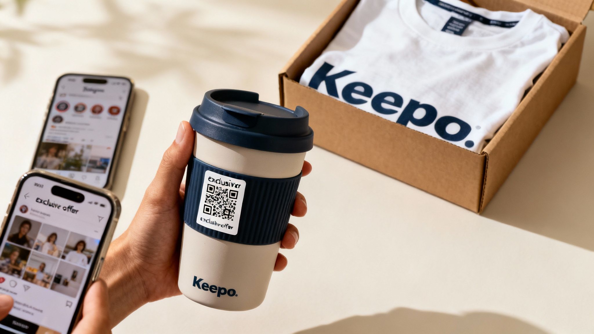 Hand holding a Keepo reusable cup with an exclusive offer QR code, next to smartphones and a branded t-shirt box.