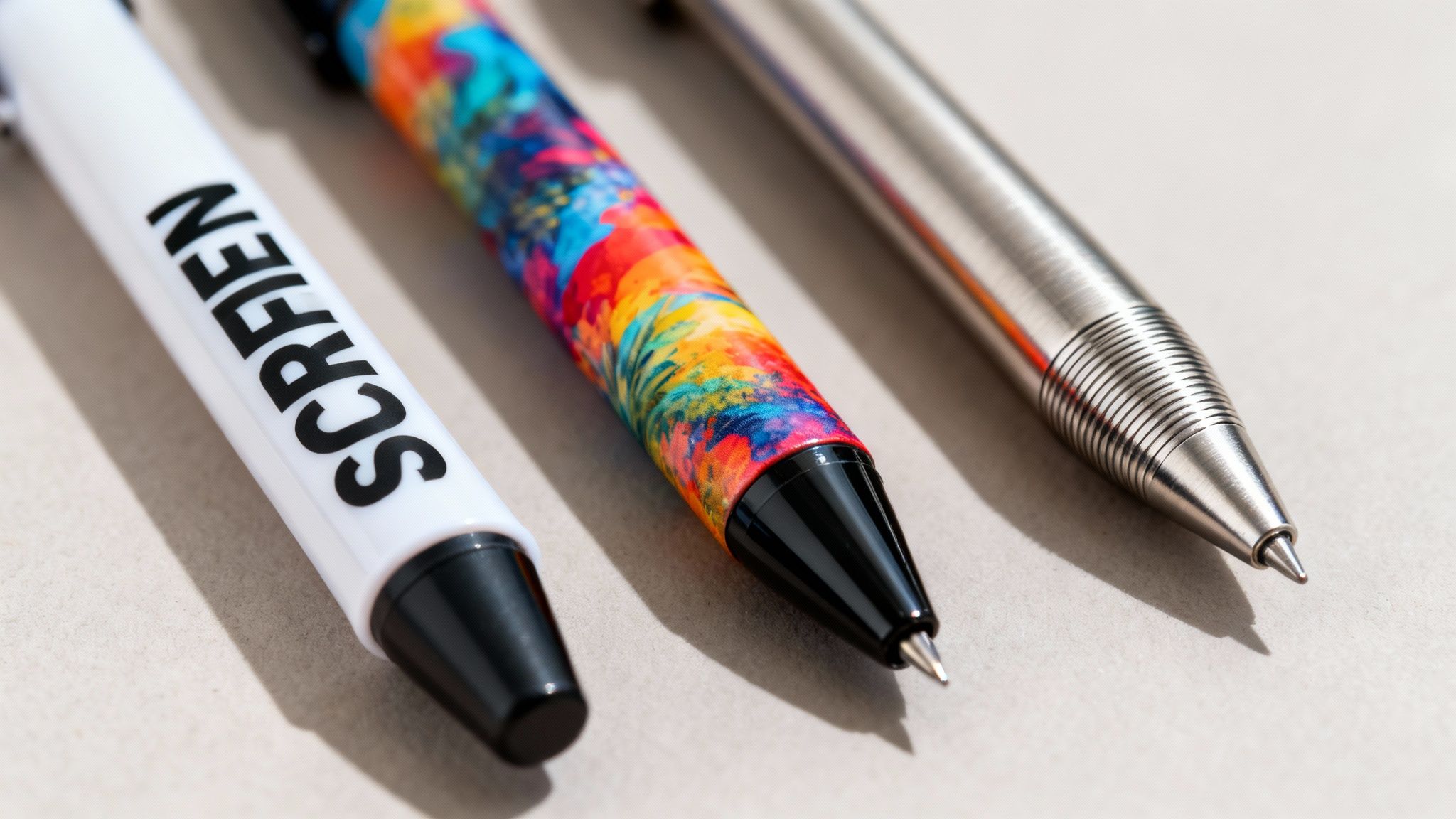 Three distinct pens: a white 'SCREEN' pen, a vibrant multi-colored pen, and a sleek silver metallic pen.
