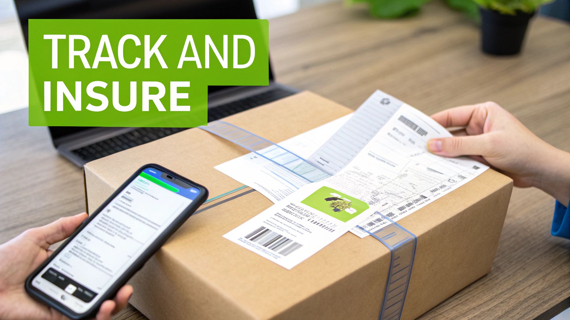 Hands tracking and insuring a parcel delivery with a smartphone and shipping documents.