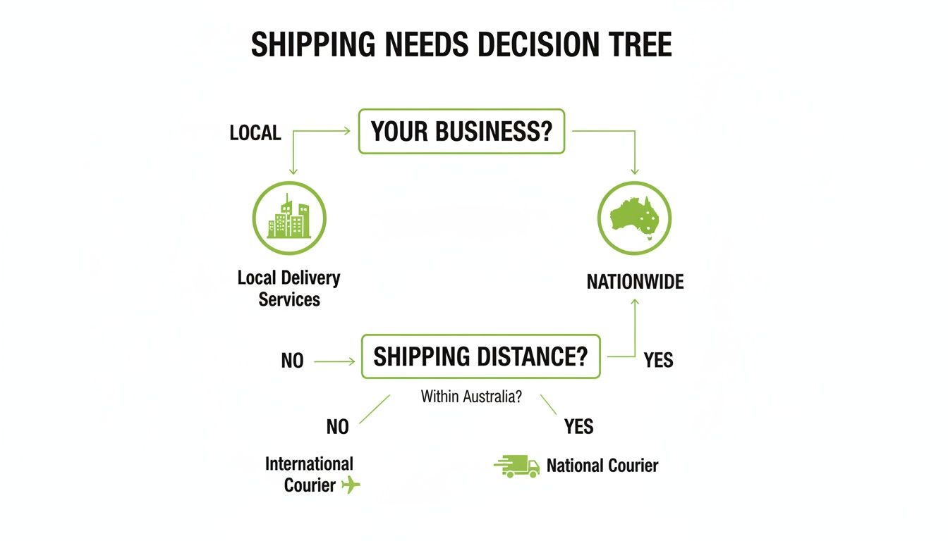 Decision tree flowchart explaining shipping options: local delivery, national courier for Australia, and international courier.