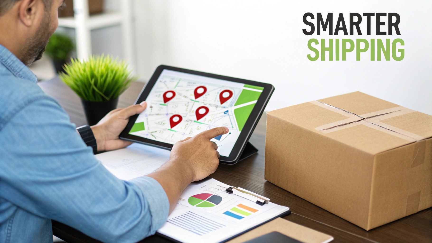 A man plans smarter shipping logistics on a tablet, viewing a map with delivery pins and a cardboard box.