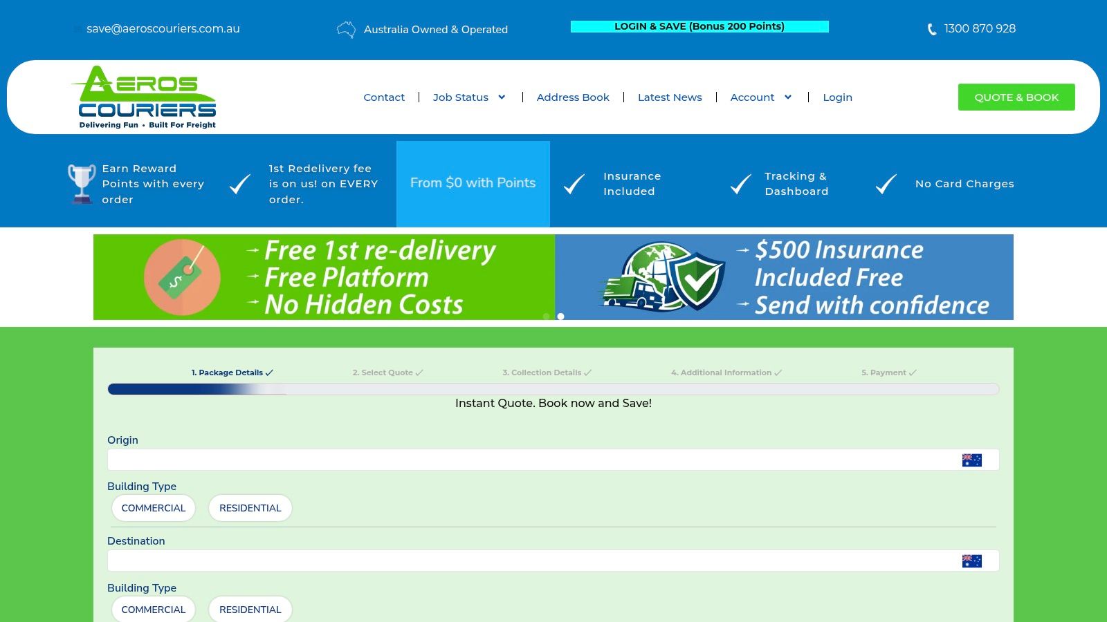 Aeros Couriers online quote and booking system