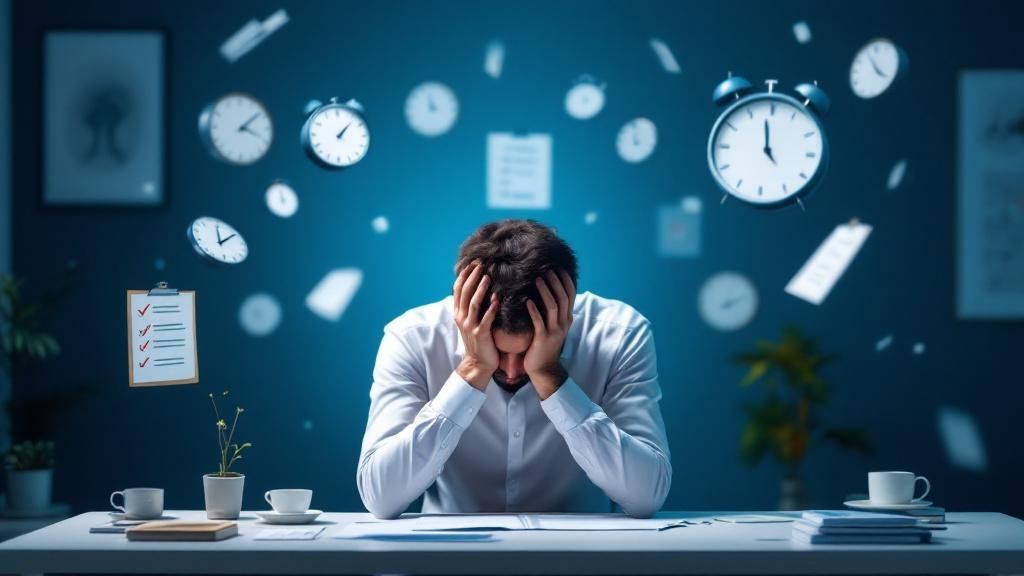 A person sitting on the floor, looking drained, with papers scattered around them, symbolizing mental exhaustion.
