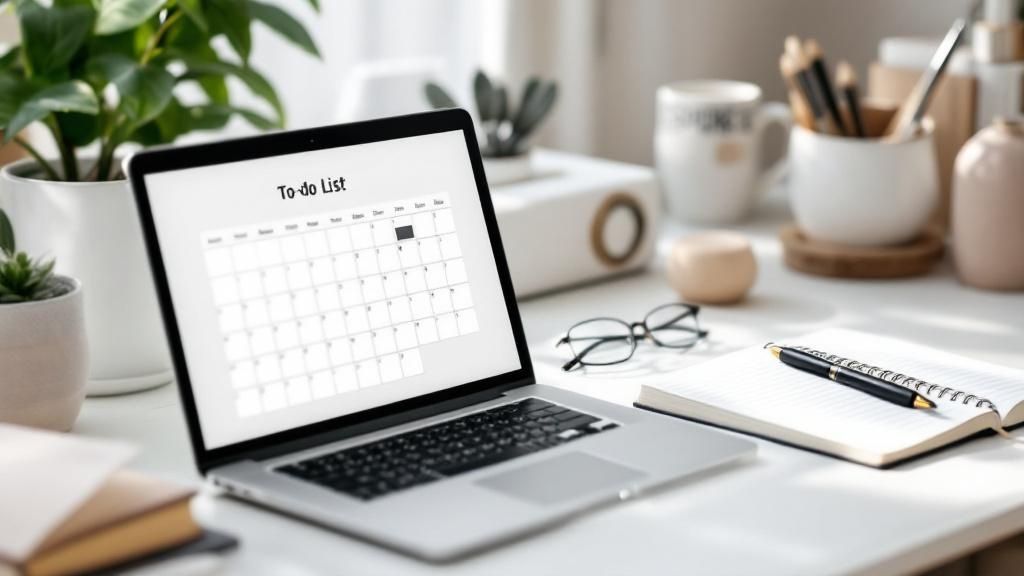 A person is sitting at their desk, looking calm and focused, with a plant and a clean workspace, symbolizing a healthy boundary between work and personal life.