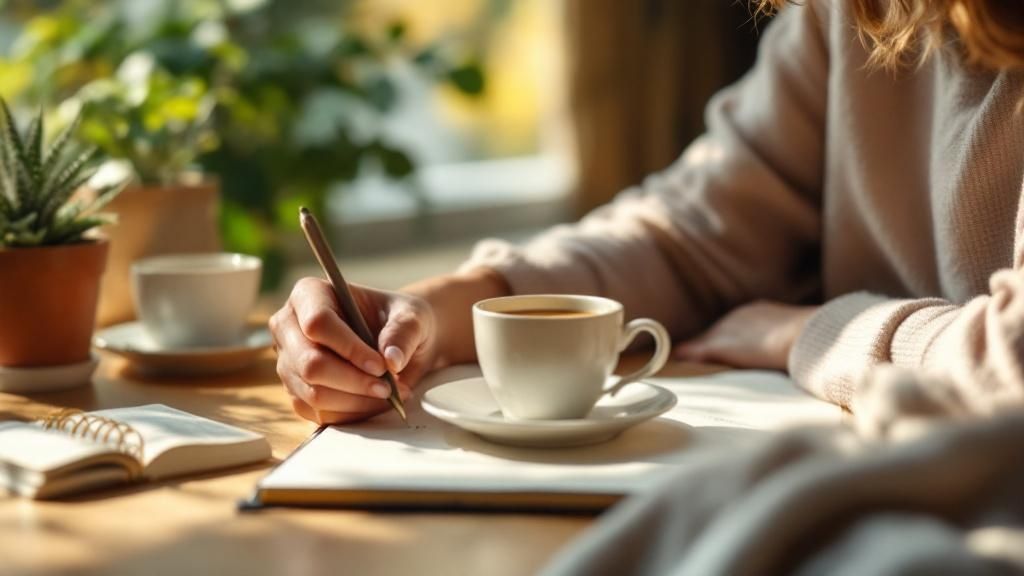 A person sitting calmly on a yoga mat with a journal and pen, creating a plan to restore mental energy.