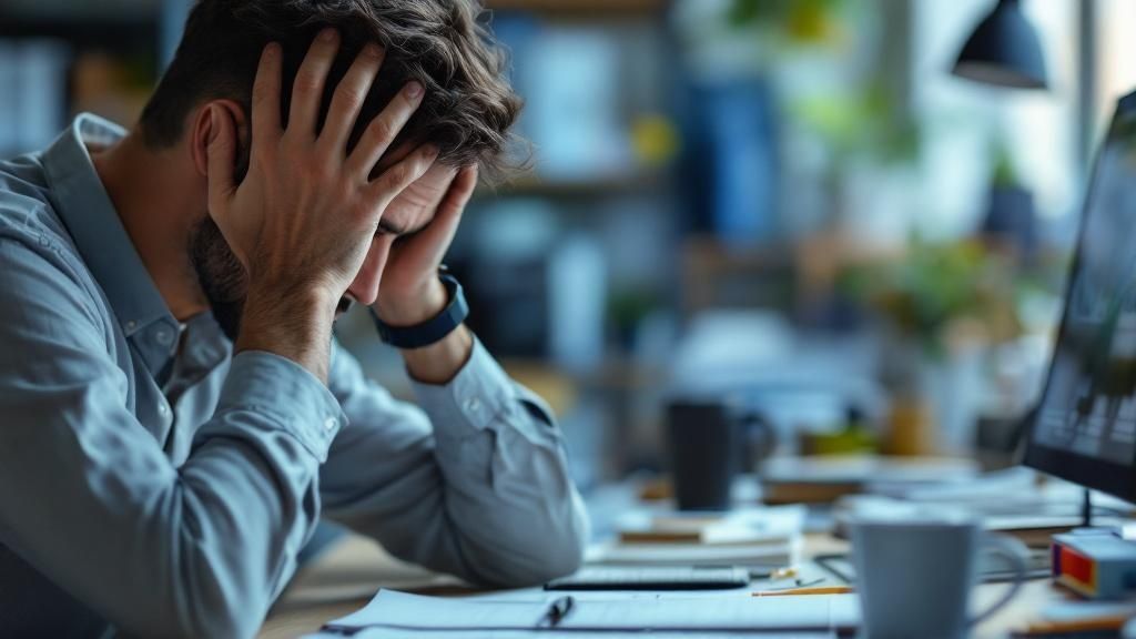 A person sitting calmly at a desk, looking out the window, with subtle indicators of stress like a clenched fist and tense shoulders.