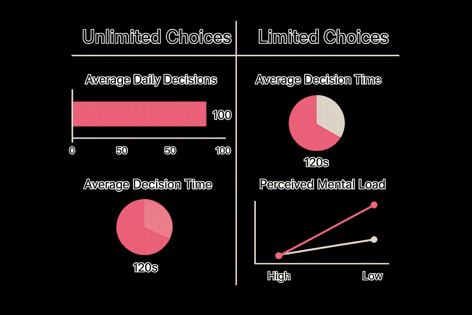 Infographic comparing the mental load of unlimited choices versus limited choices, showing fewer decisions, faster decision times, and lower mental load for the latter.