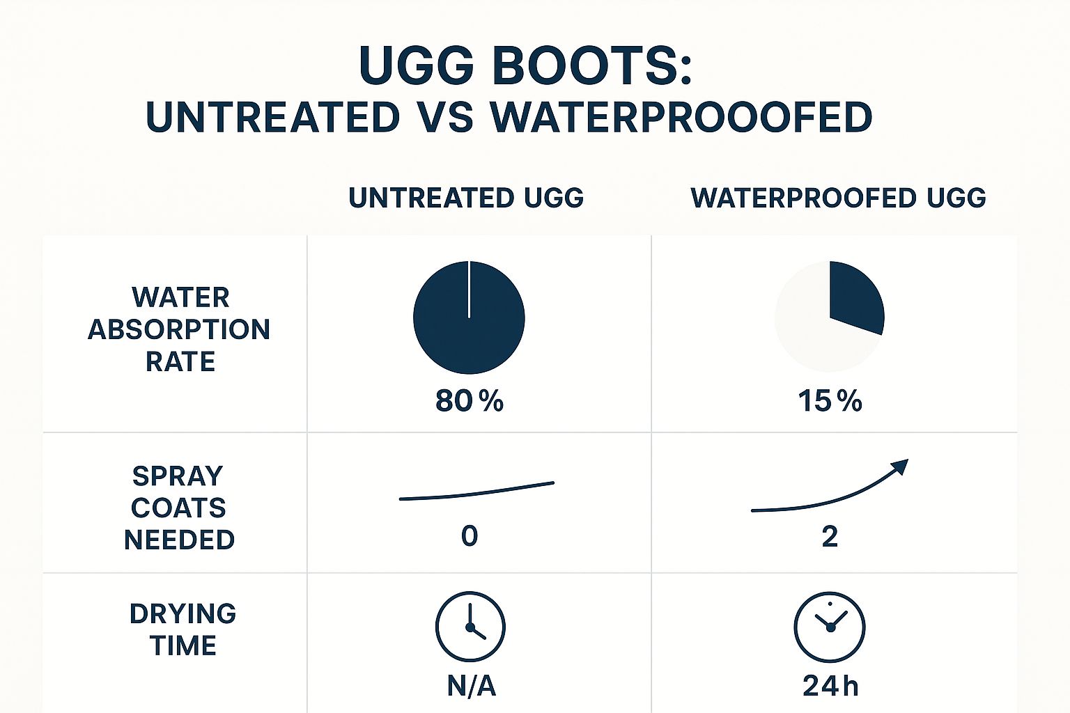 Infographic comparing the water absorption rate, spray coats needed, and drying time for an untreated UGG boot versus a waterproofed UGG boot.