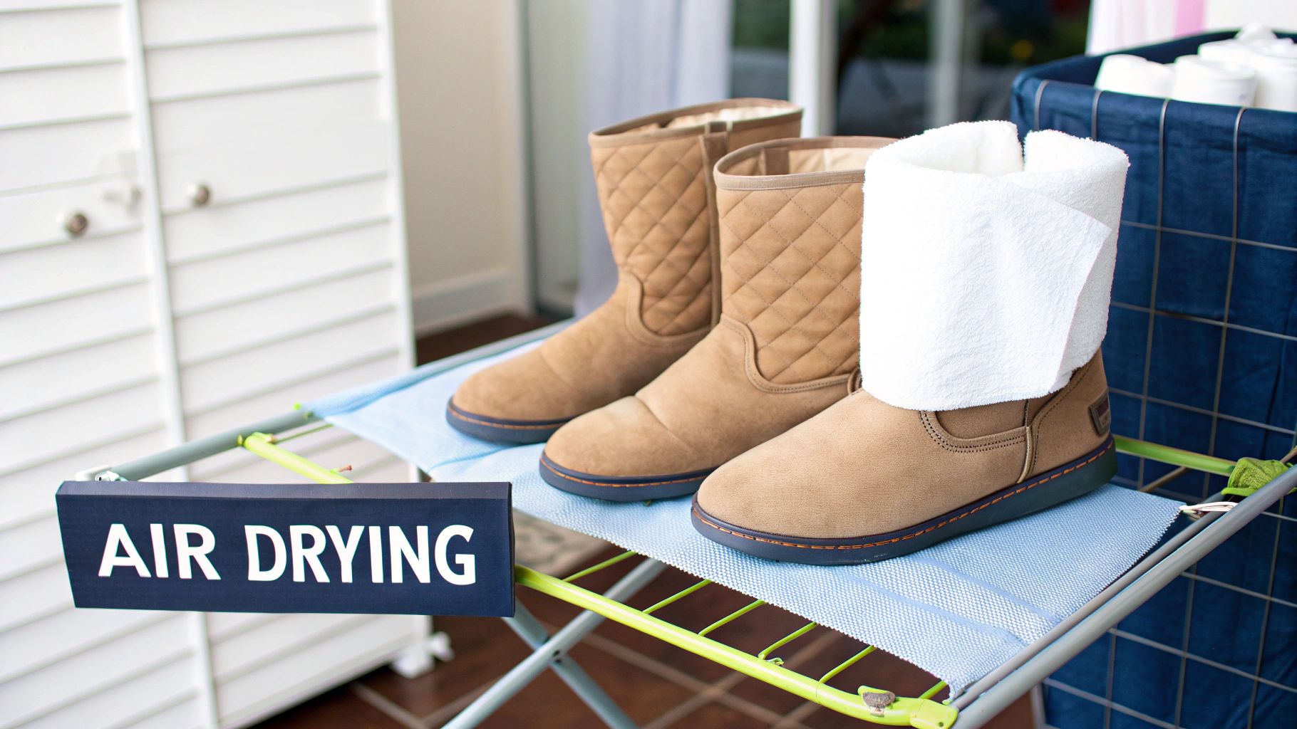 A pair of UGG boots stuffed with paper, air-drying in a well-ventilated room away from direct sunlight