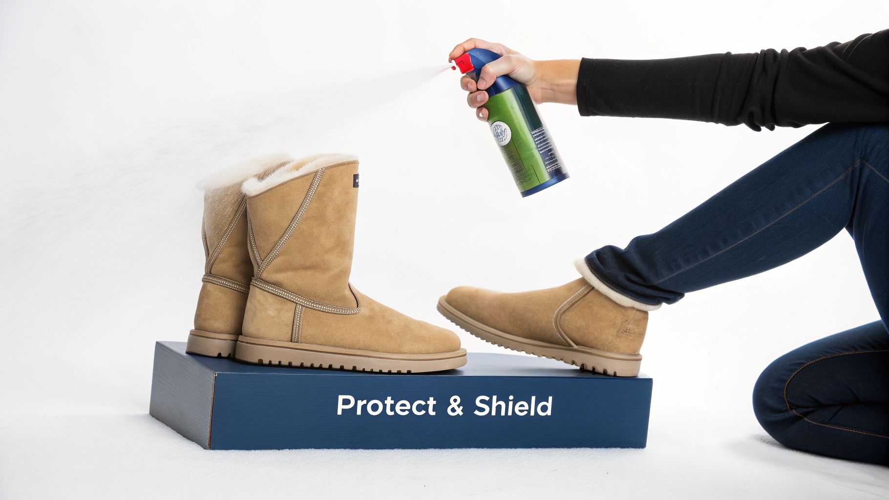 A person spraying UGG boots with a protector spray in a well-ventilated area.