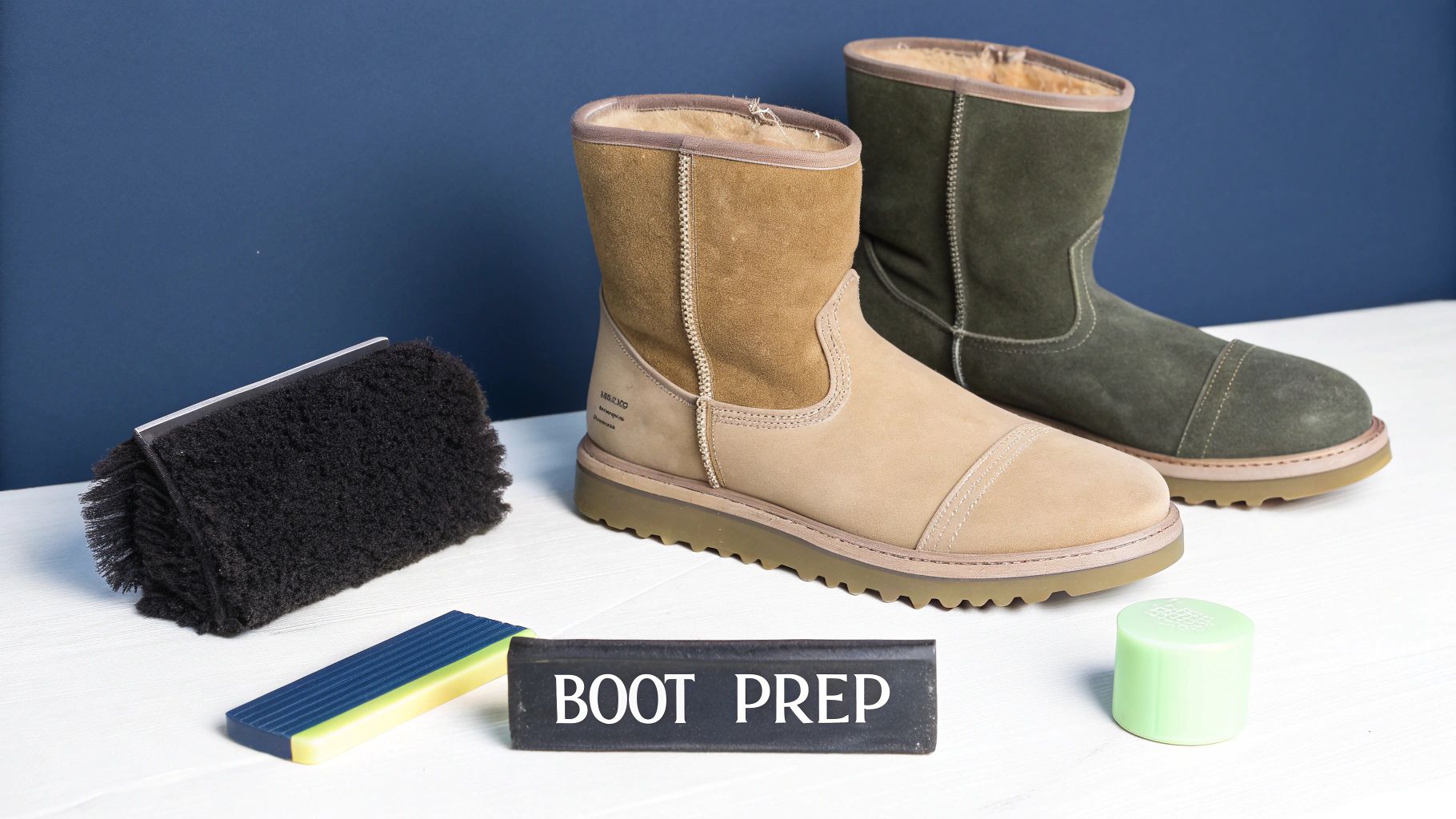 A woman holding a suede brush next to a clean UGG boot.