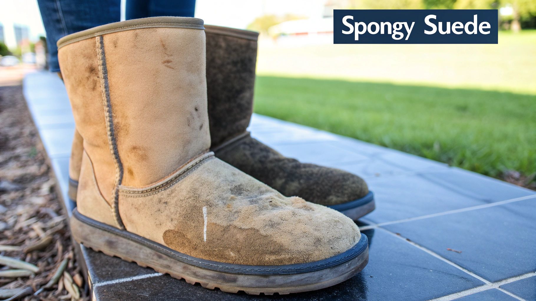 A close-up shot of classic brown UGG boots showing the suede texture.