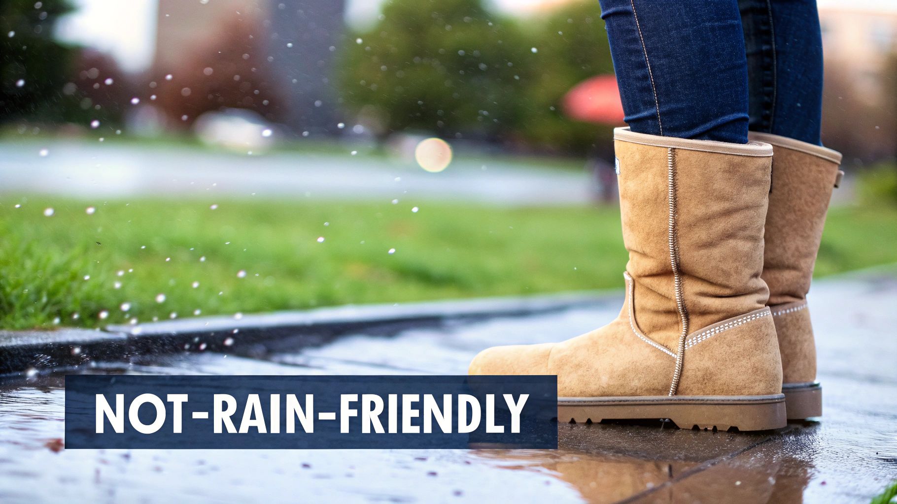 A person wearing UGG boots walking in a park during autumn.