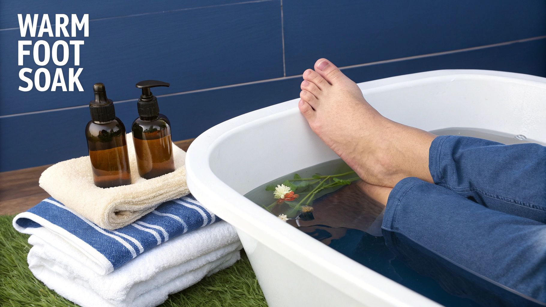Woman enjoying a warm foot soak with essential oils