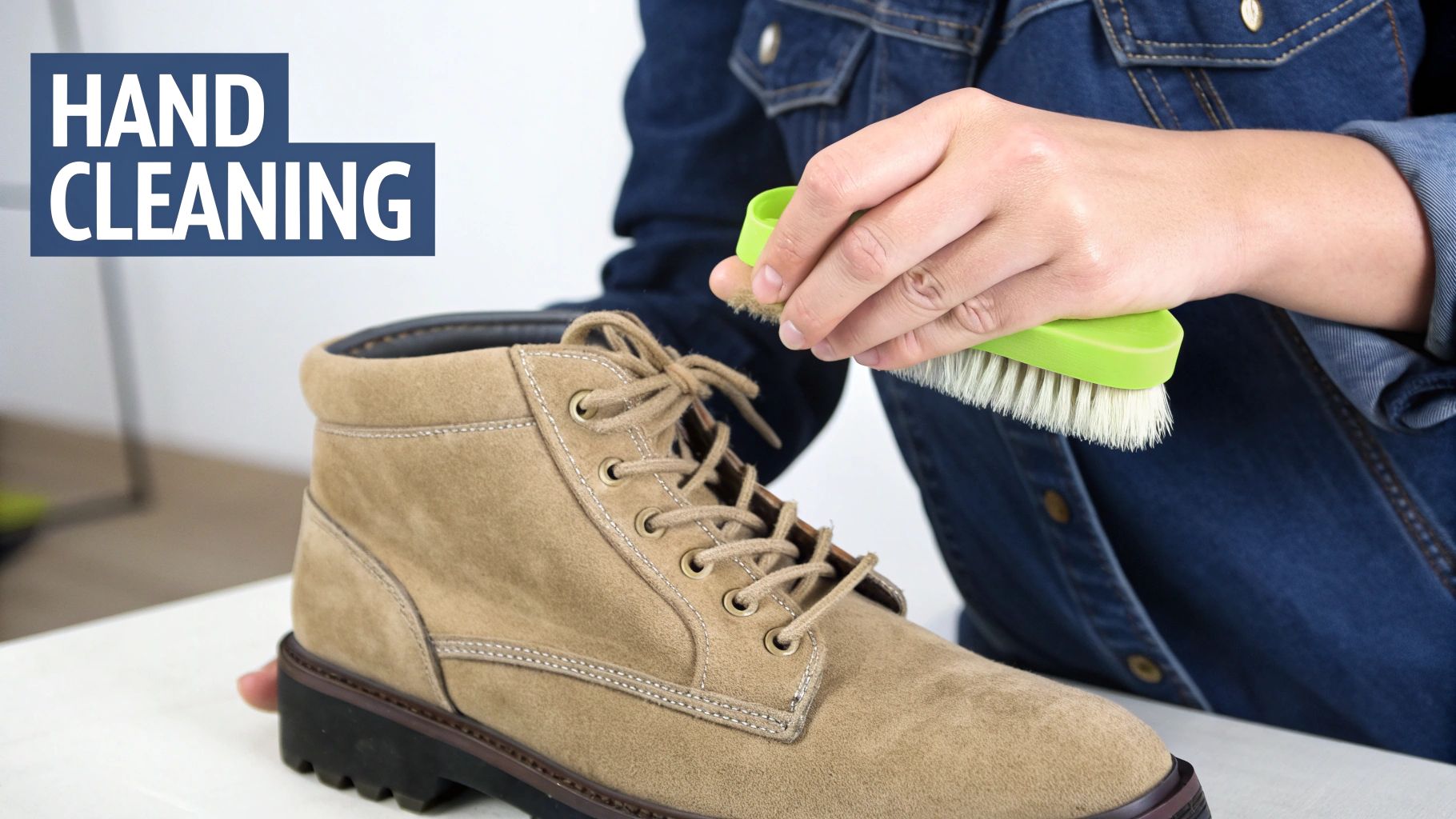 A person carefully cleaning a classic brown UGG boot with a sponge and soapy water