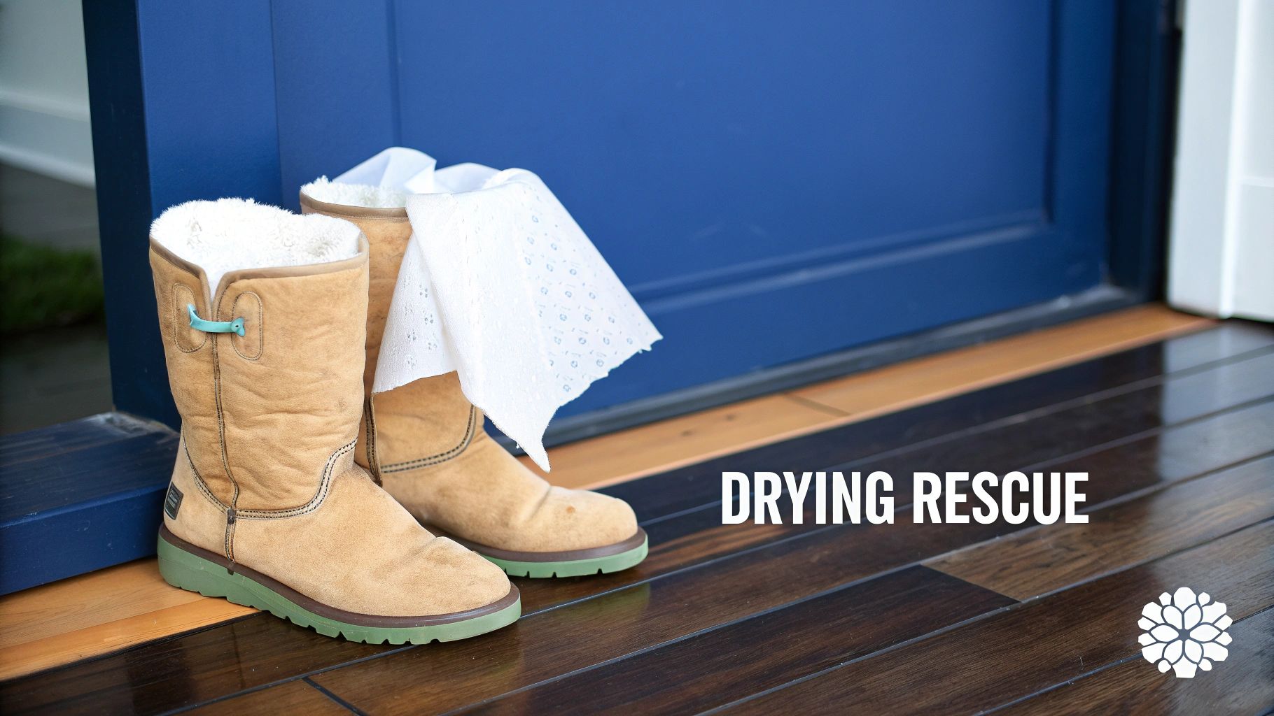 A person gently blotting a wet UGG boot with a clean, light-coloured towel.