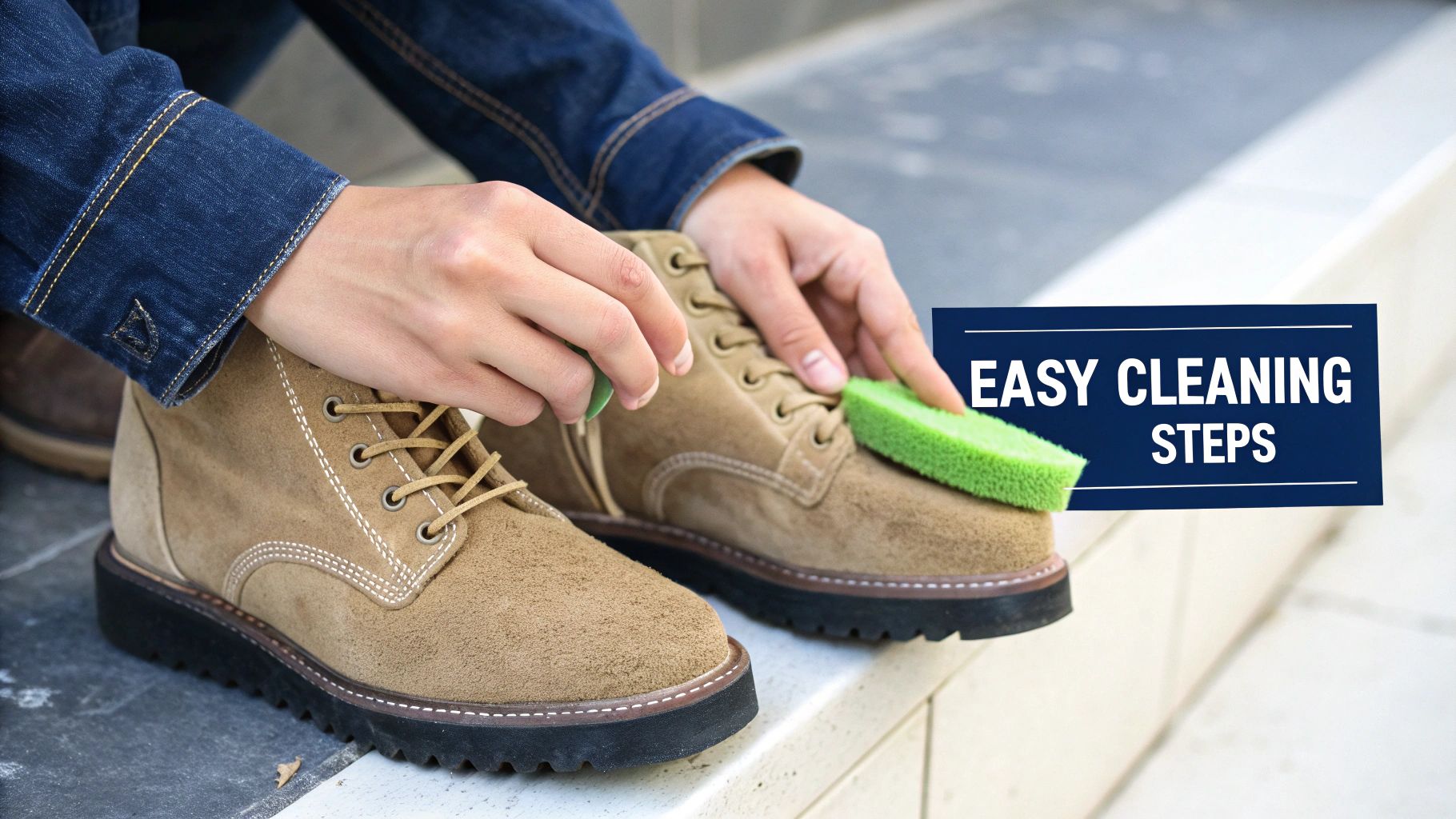 A pair of UGG boots being gently brushed with a suede brush.