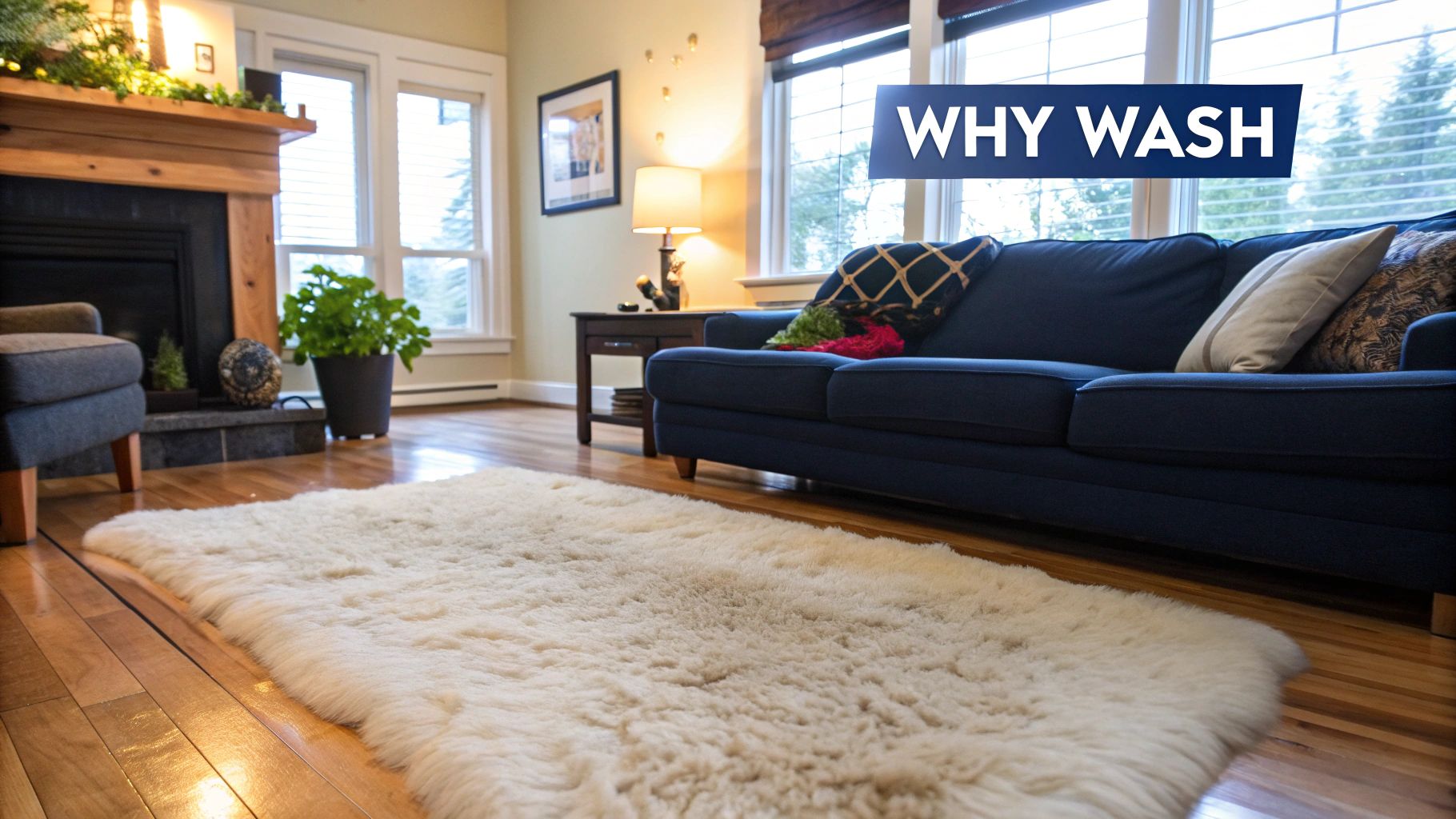 A woman shaking out a plush, white sheepskin rug outdoors on a sunny day.