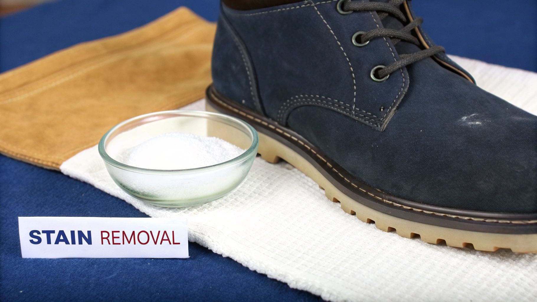 A close-up of a person gently blotting a stain on a classic UGG boot with a clean white cloth.