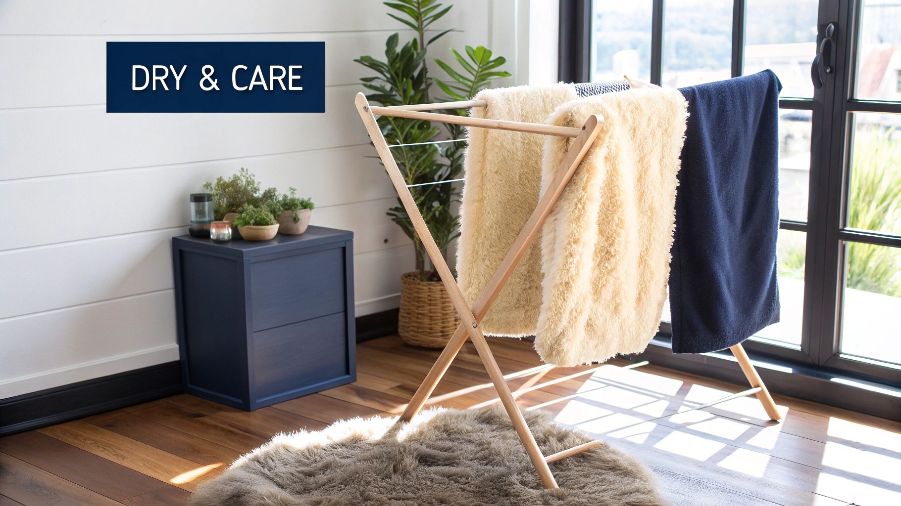 A woman with a thoughtful expression looking at her clean sheepskin rug.