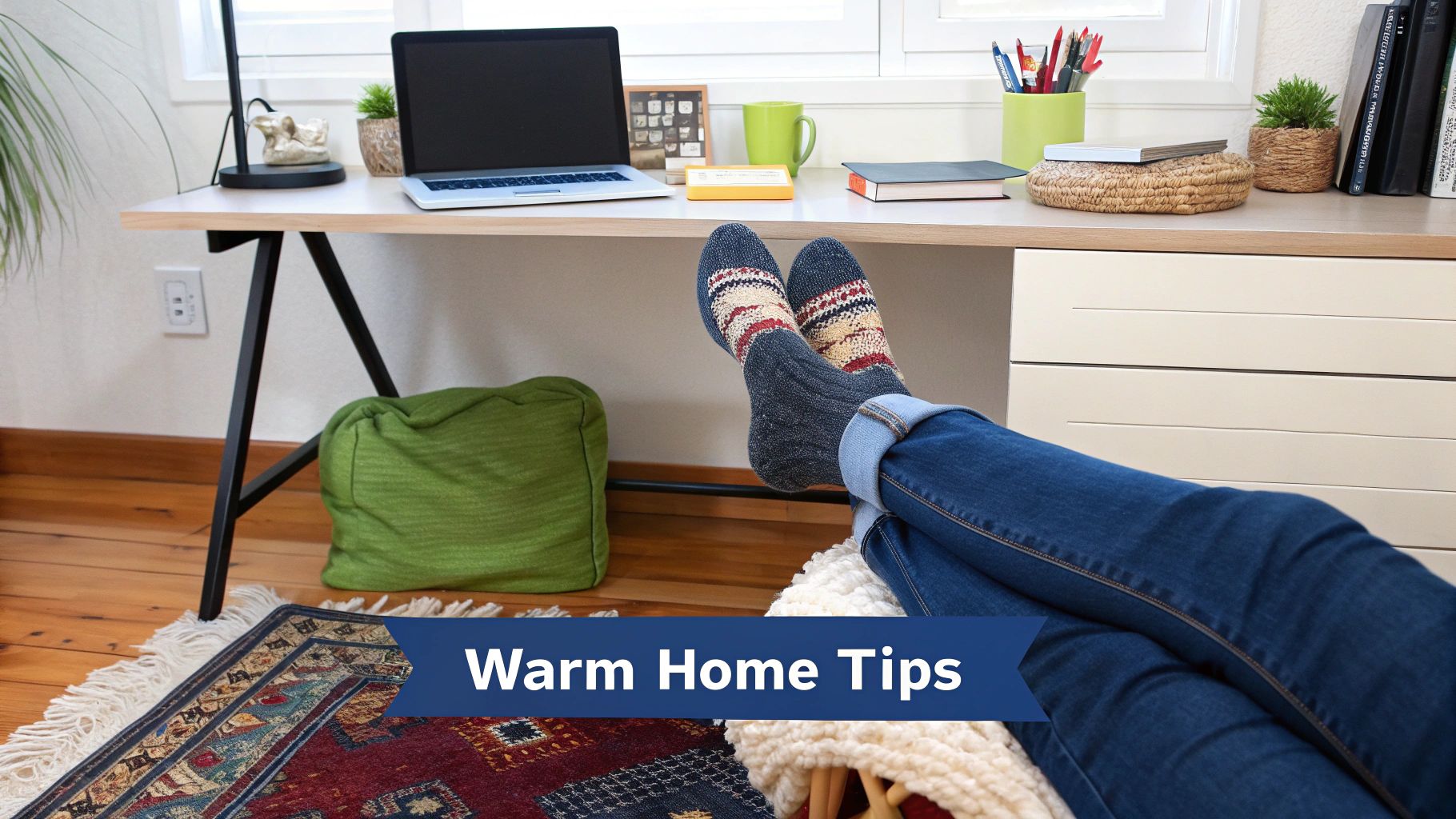 A woman doing simple ankle rotations while sitting at a desk with a warm drink.