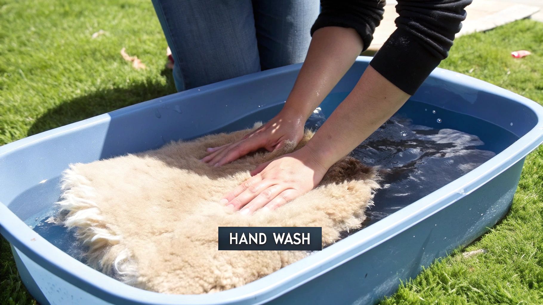 A modern, front-loading washing machine with a sheepskin rug inside, set to a delicates cycle.