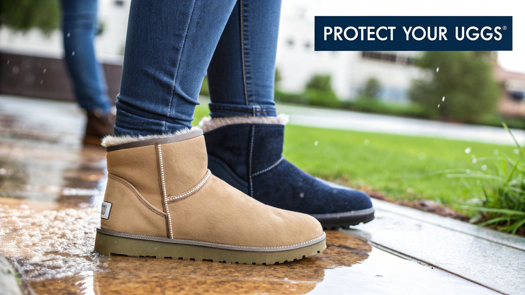 A pair of UGG boots being sprayed with a waterproofing spray.