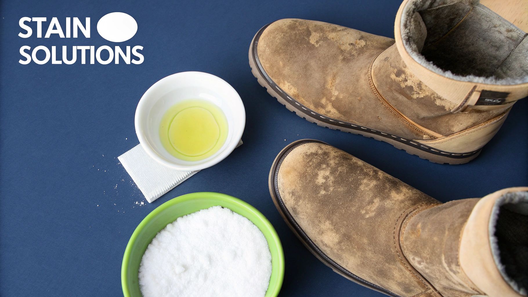 A close-up shot of a stubborn mud stain on a light-coloured UGG boot.