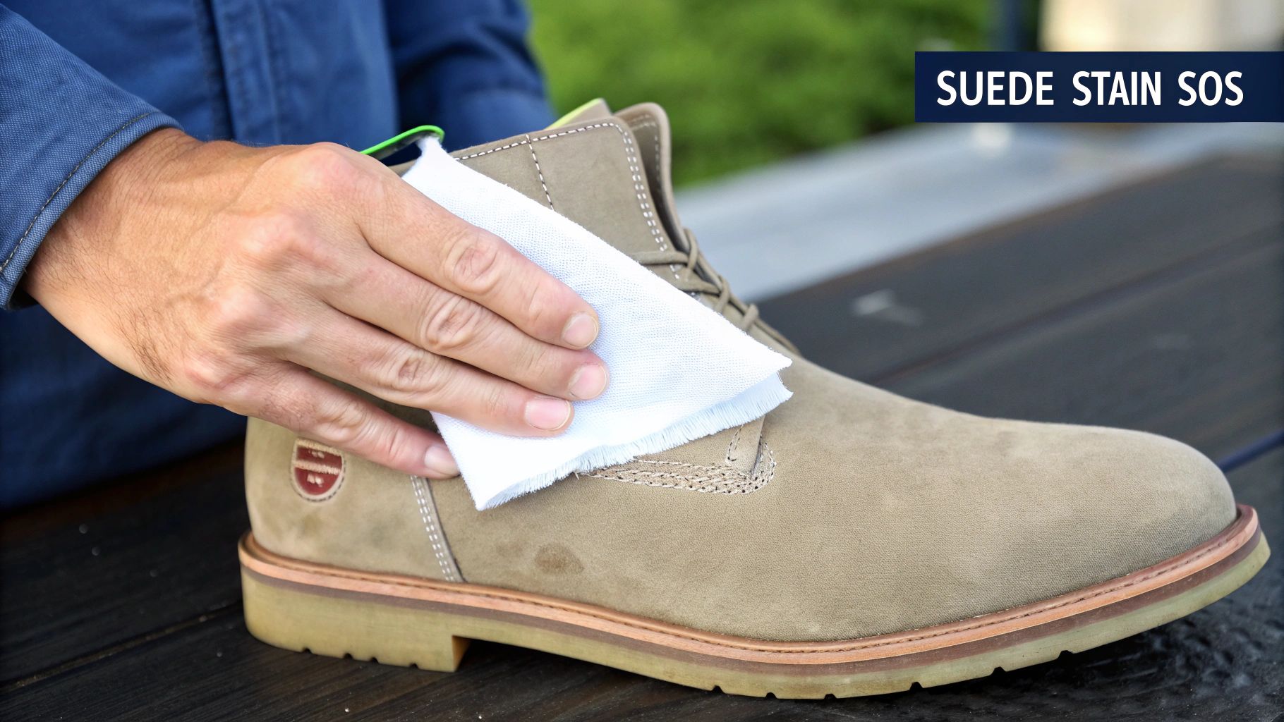 Close-up of a suede boot being gently cleaned with a brush.