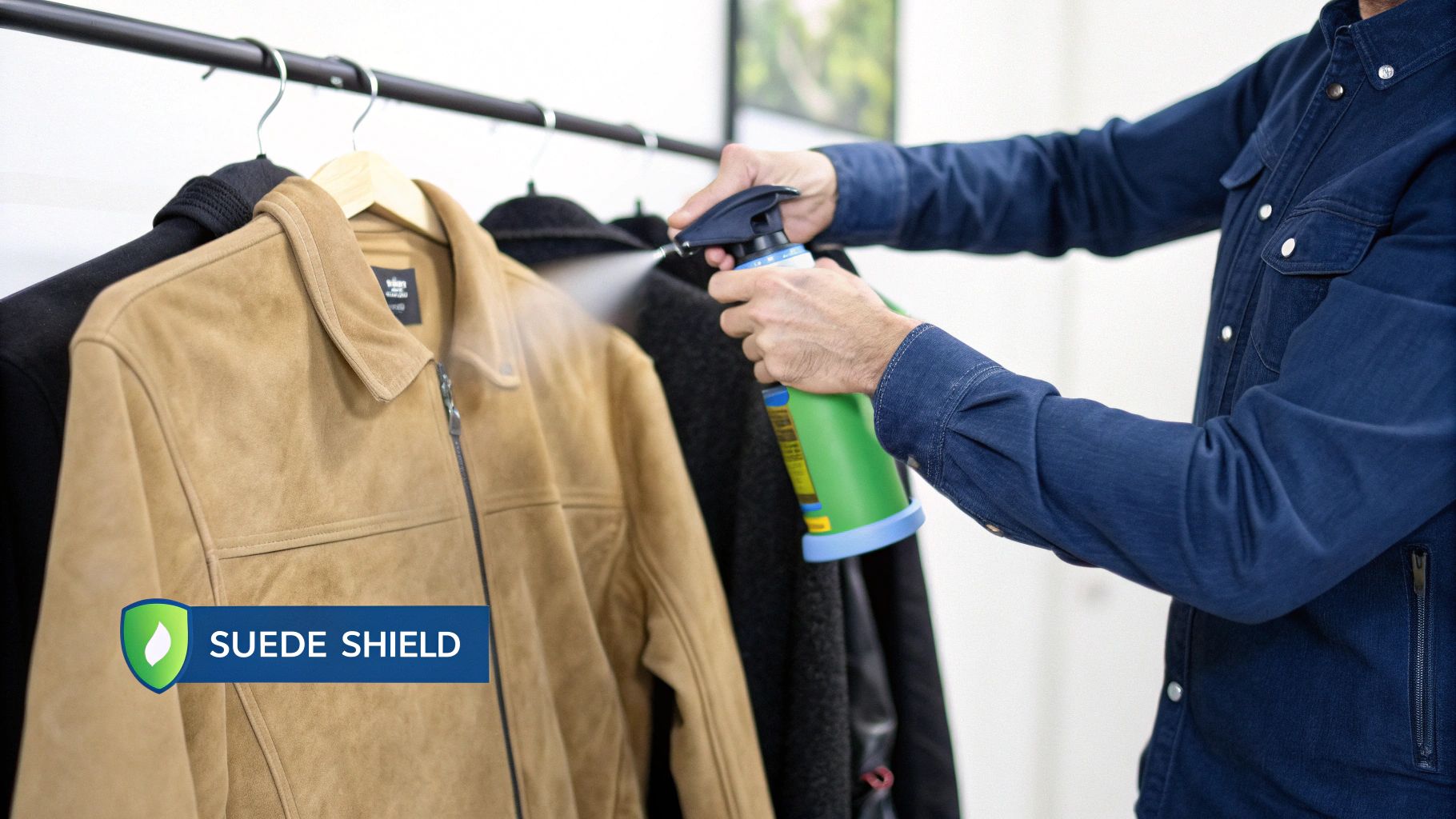 Person applying a protective spray to a pair of suede boots.