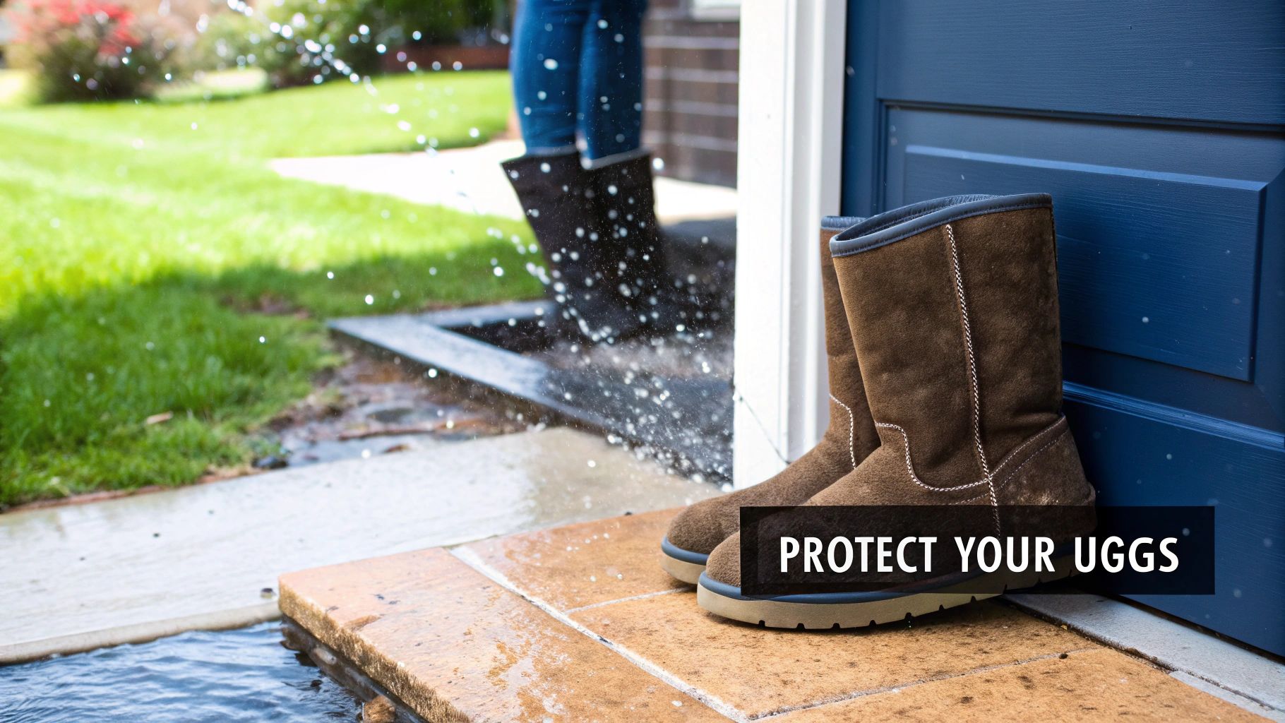 Woman spraying UGG boots with a protection spray in a well-lit room