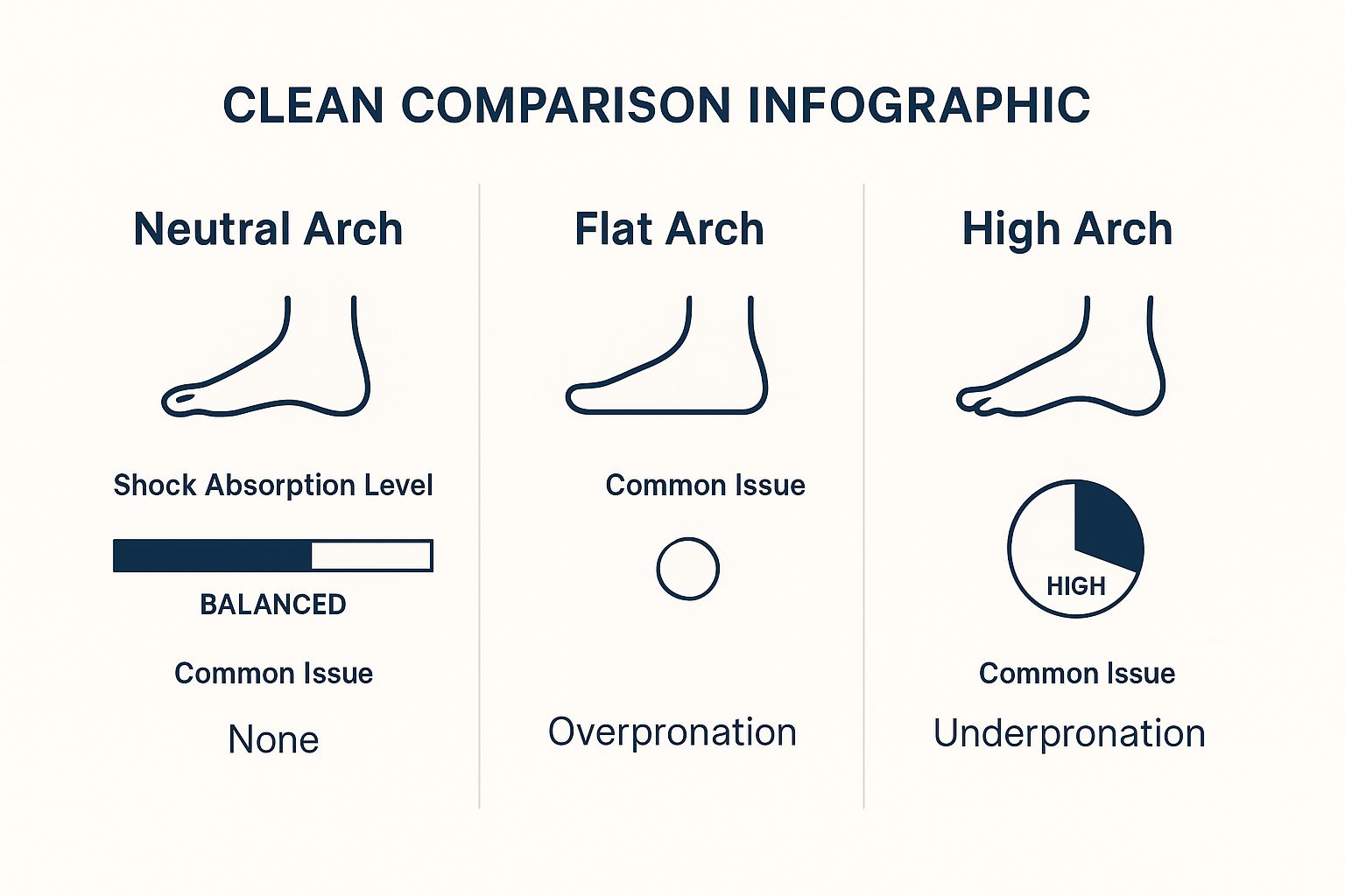 Infographic comparing three foot arch types: Neutral Arch, Flat Arch, and High Arch, showing their respective shock absorption levels and common issues.
