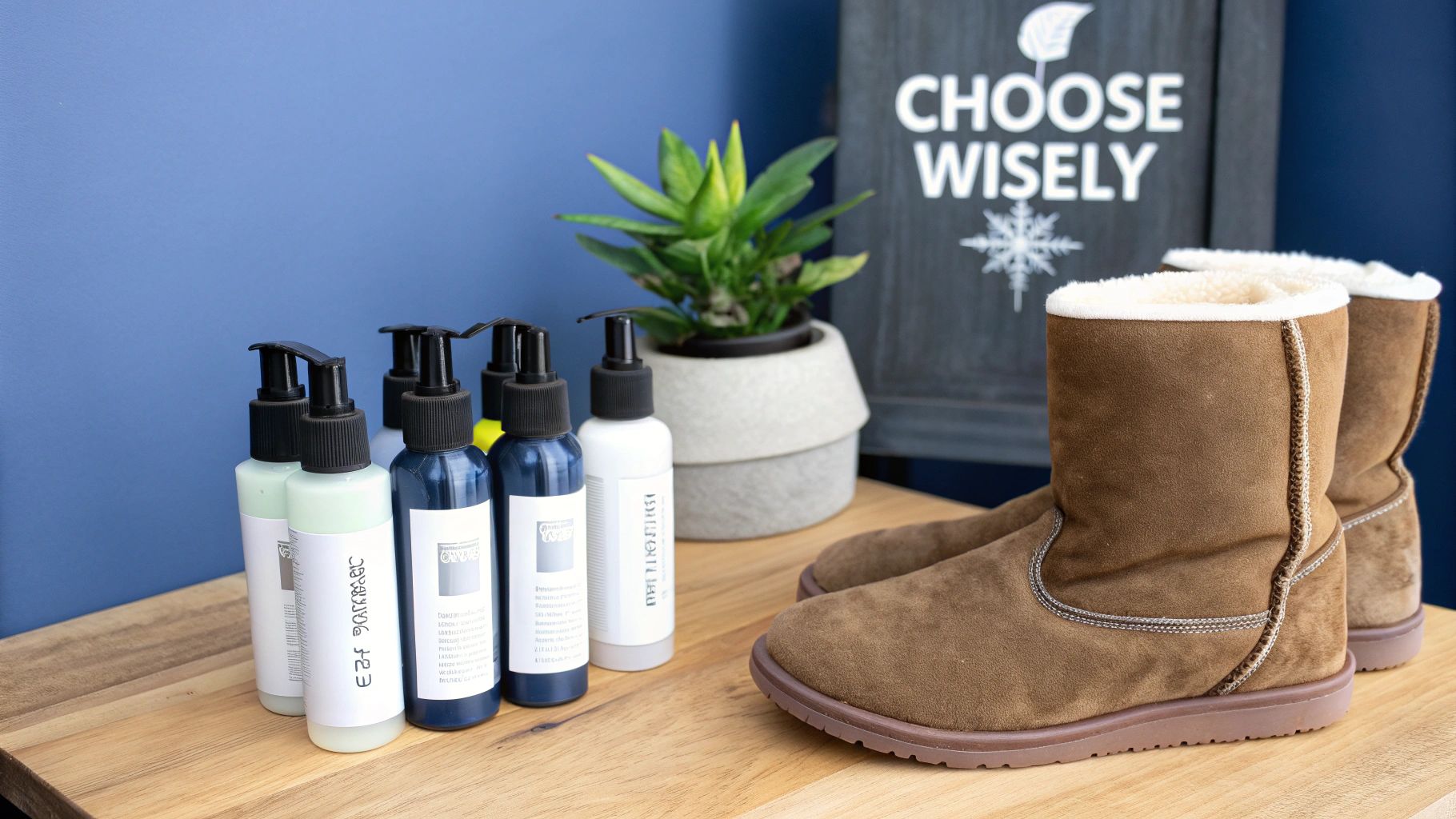 Woman's hands holding a can of UGG boots protection spray, with a pair of clean UGG boots in the background.
