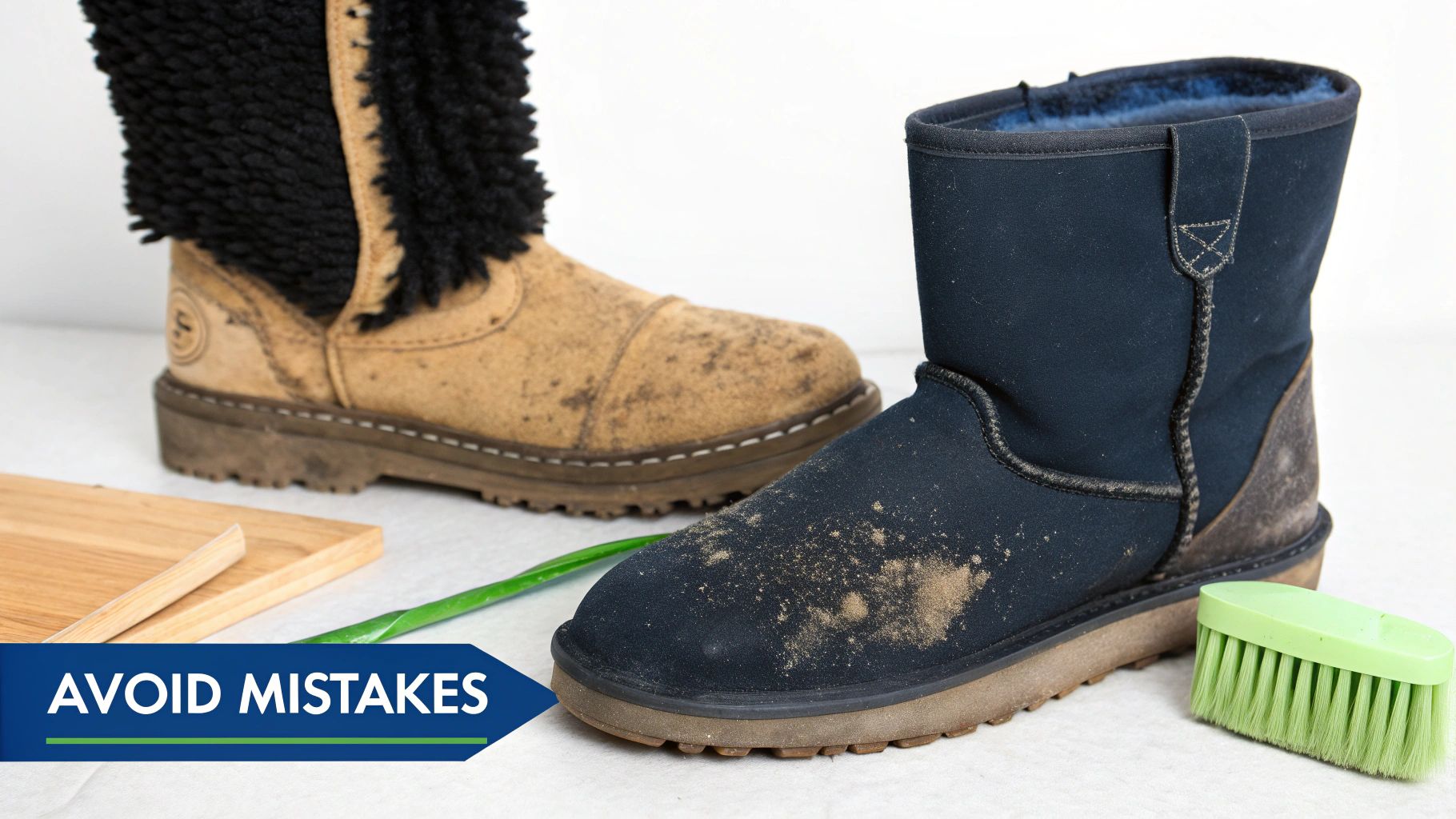 A pair of UGG boots with one looking pristine and the other showing visible water stains and damage.