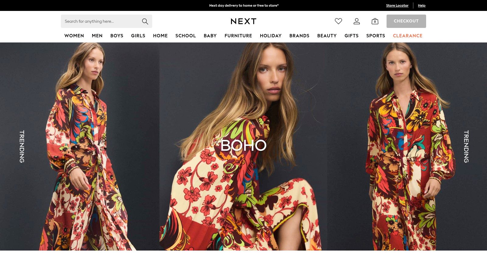 The homepage of the Next website showcasing models in fashionable clothing