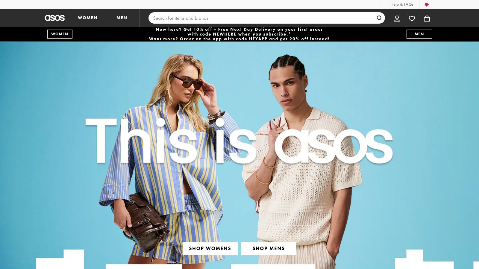 ASOS website homepage showing various fashion items and models
