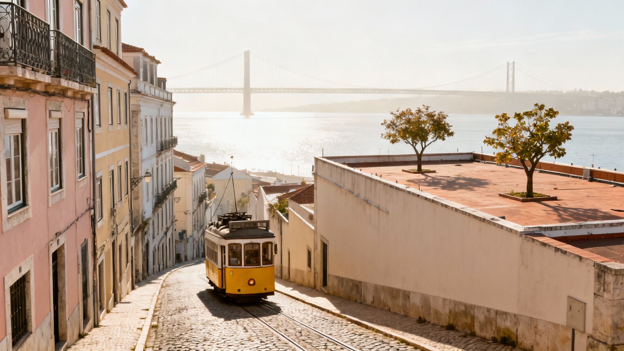 A classic yellow tram ascends a cobblestone street in Lisbon, with historic buildings and a river in the background.