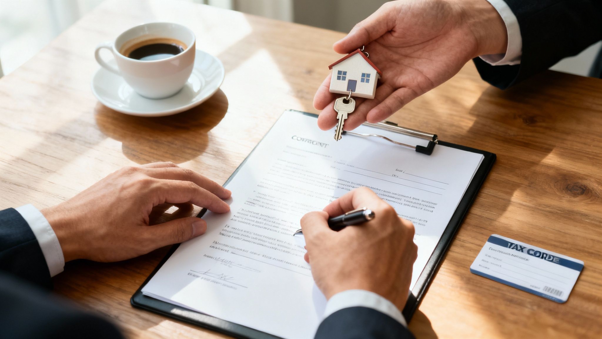 Two people signing a contract at a desk while one hands over a house model and key.