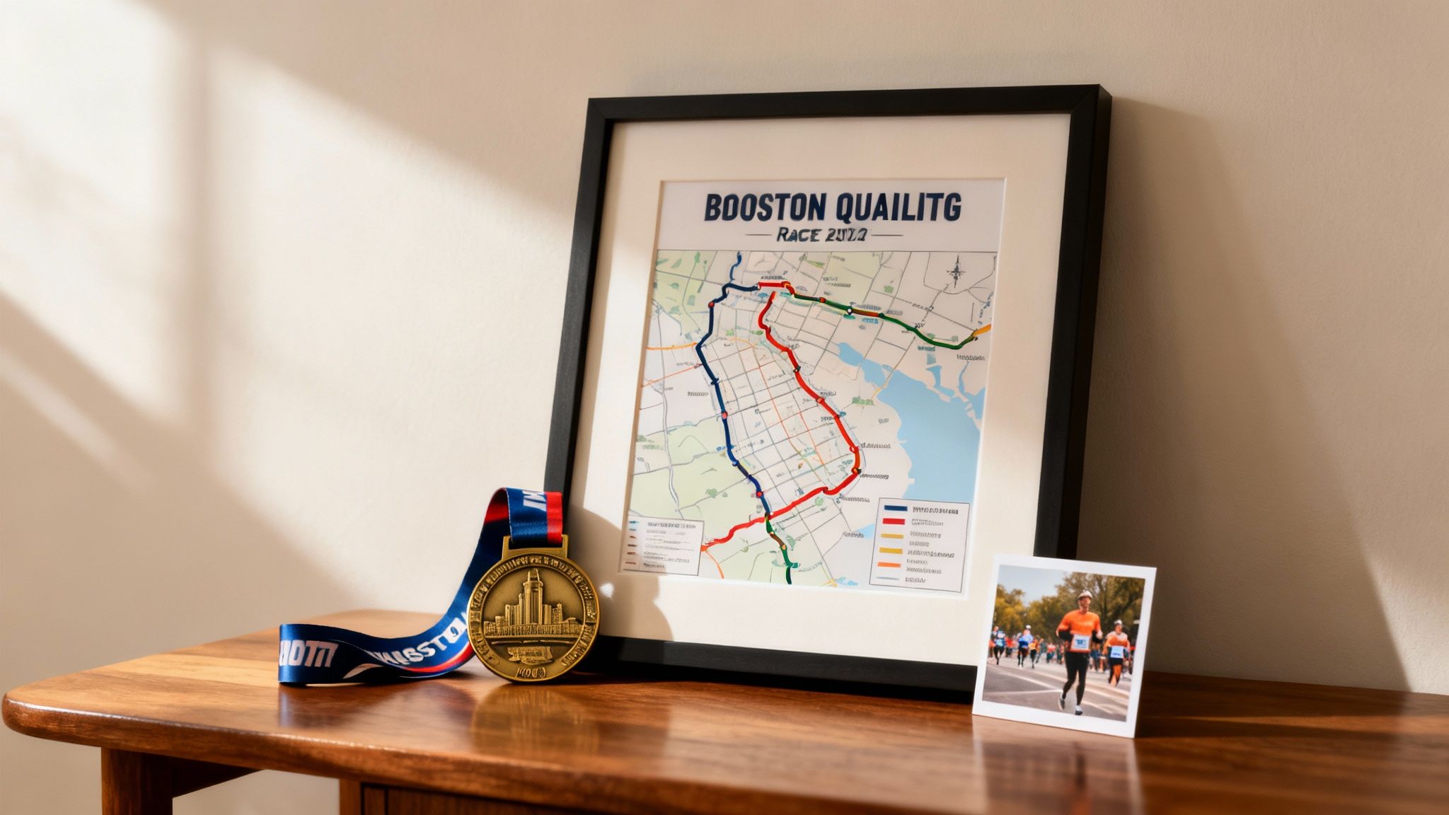 A framed map of a marathon route, a Boston Qualifying race medal, and a runner's photo on a table.